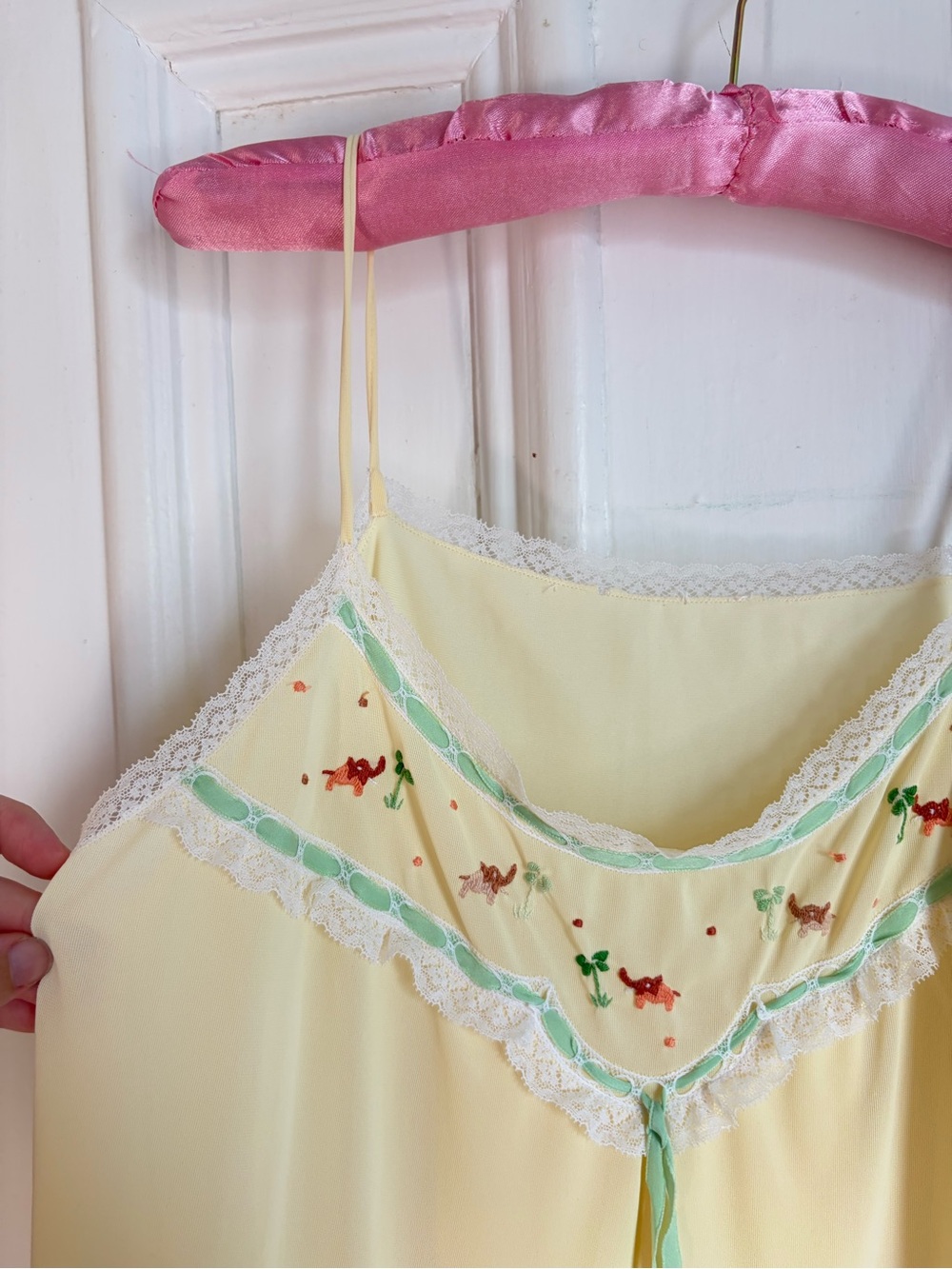 Vintage Butter Yellow Nylon Slip Dress with Embroidered Elephant Details - Picture 3 of 9